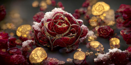Vintage Background with Ice on Ornate with Gold Deep Red Roses and Petalsの素材