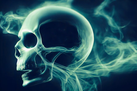 Close up of a Human Skull Surrounded by Smoke. Halloween Backgroundの素材