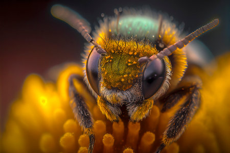 A Close up view of a Bee Collecting Pollen on a Yellow Flowerの素材