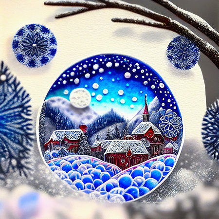 Christmas Background with a Beautiful, Ornate Bauble on Snow Covered Background and Intricate Snowflakesの素材