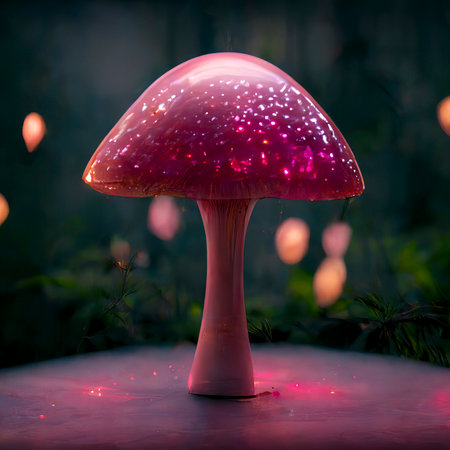 Enchanted Magical Mushroom with Pink Glowing Light Particlesの素材