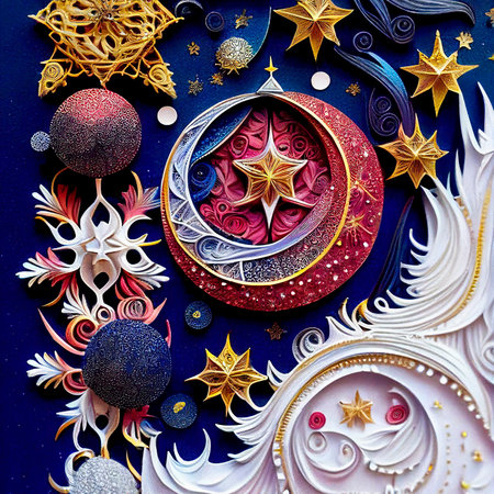 Christmas Background with Beautiful Intricate and Ornate Baubles and Golden Starsの素材