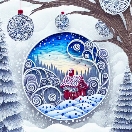 Christmas Background with Beautiful, Ornate Baubles and Snow Covered Treesの素材