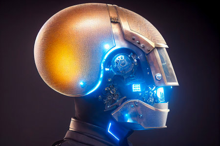Close up of a Cyberpunk Cyborg with Glowing Helmetの素材