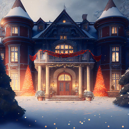House Porch with Beautiful Christmas Decorations, Magical Light Particles in the Airの素材
