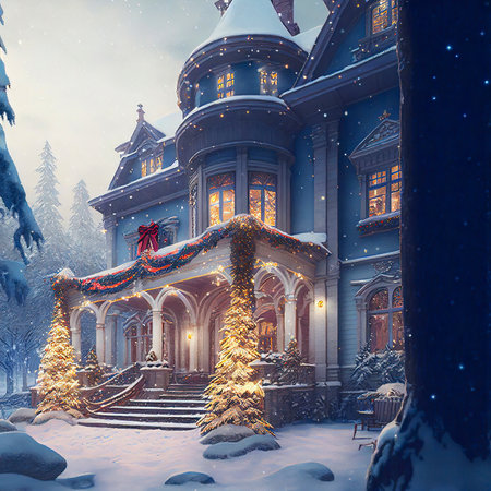 Beautiful Christmas Decorations on a House Surrounded by Tall Snow Covered Pine Trees and Magical Light Particles in the Airの素材