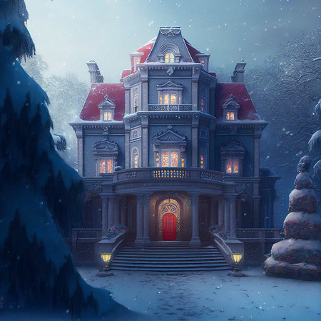 Christmas Background with a Decorated Beautiful House Surrounded by Tall Snow Covered Pine Treesの素材