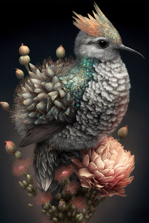 A Tiny Fantasy Exotic Bird Sitting on Top of a Flowerの素材