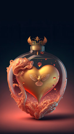 Valentine Background with a Heart Shaped Ornate Bottle with a Crown on Top of it and a Golden Heart Insideの素材