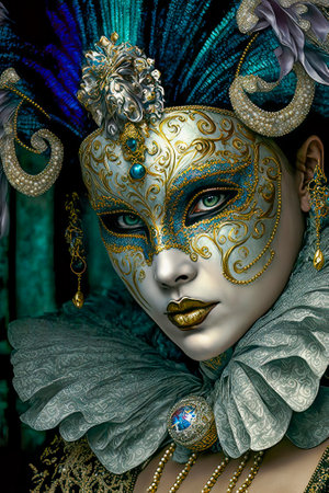 Woman Wearing Venetian Style Mask, Costume and Hat at the Carnivalの素材