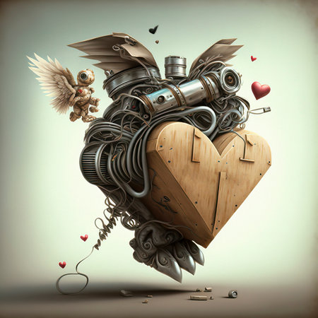 Steampunk Style Valentine Background with a Heart Shaped Box with Mechanical Parts Attached to itの素材