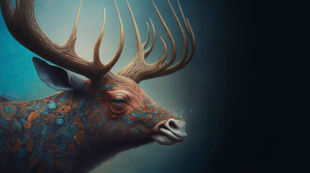 Winter Holidays Background with a Happy Festive Reindeer with Glitter on its Faceの素材