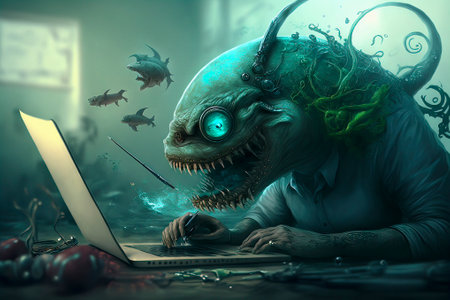 Underwater Fiction Character Monster Surfing the Web on His Laptopの素材