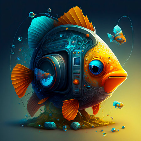 Fiction Character Cute Colorful Fish with a Fish Tank Inside it and a Fishing Lureの素材