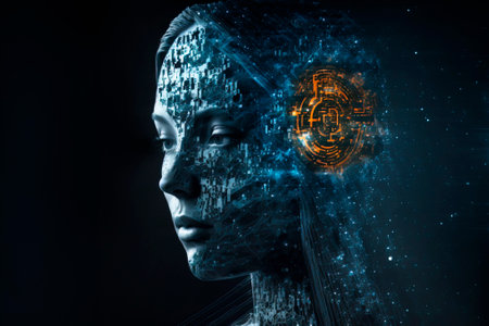Quantum Computing Background With Glowing Network Connections Spreading out of a Female Cyborg Headの素材