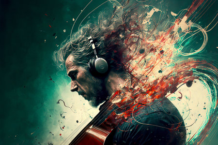 Abstract Music Background with Colorful Energy Streaks and a Man with Headphones on Playing an Instrumentの素材