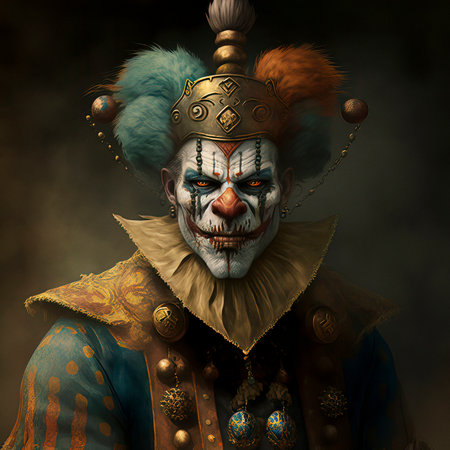 Concept Art Sinister Clown with a Large, Evil Face and Glowing Eyesの素材