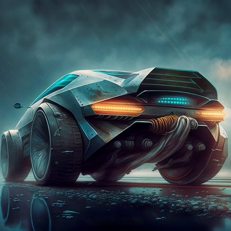 Futuristic Car Parked in a Rainy Street with Reflections in a Puddle of Waterの素材