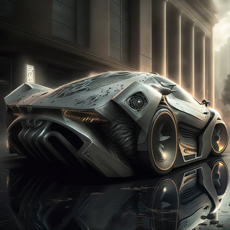 A Futuristic Car Parked in a City Street with Reflections in a Puddle of Waterの素材