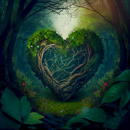 Concept Art Heart Shaped Tree with Branches Surrounded by Moss in the Middle of a Forestの素材