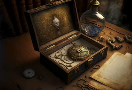 Vintage Background with an Open Wooden Suitcase and a Compass Inside, Some Manuscripts and a Glass Bottle next to itの素材