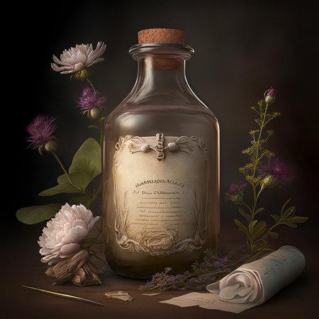 Vintage Background with a Potion Bottle and Flowersの素材