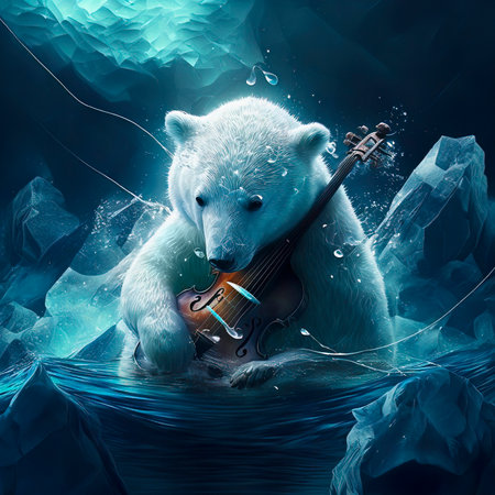 Fantasy Art Background with a Polar Bear Playing a Violin in the Water inside an Ice Caveの素材