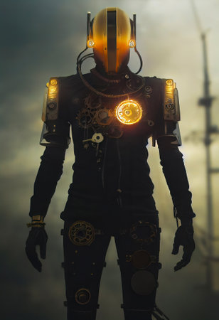 A Cyberpunk Cyborg Dressed in a Sleek Black Suit, Adorned with a Yellow Glowing Helmet and an Array of High-Tech Gadgets, Exudes a Menacing and Technologically Advanced Presence, ready for Action and Showcasing its Advanced Capabilitiesの素材