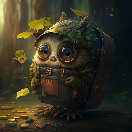 A Storybook Illustration of a Cute Forest Creature with Big Eyes Sitting inside a Forgotten and Lost Suitcase in the Forestの素材