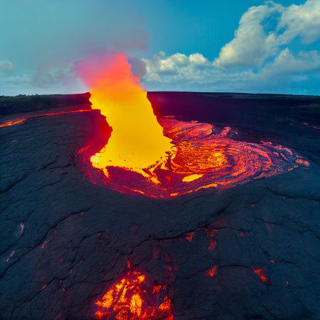 Volcano Landscape with Boiling Lava and Solidified Igneous Rockの素材