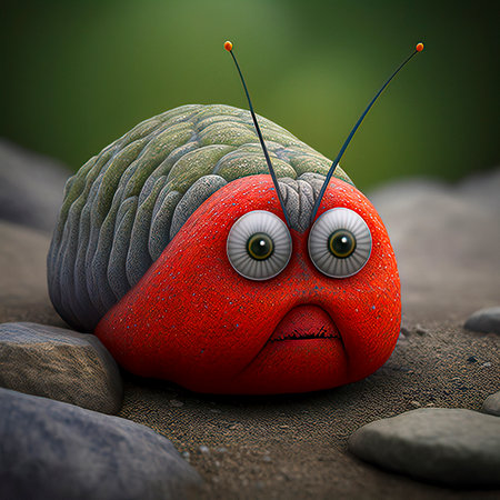 A Digital Art Depiction of a Cute-looking Bug with Big Eyes, Delicate Antennae, and Soft, Fuzzy Texture Has a Comically Angry Expressionの素材