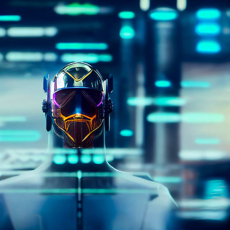 A Man Wearing a Futuristic Suit and Helmet in a High-tech Setting, Showcasing Advanced Technology like Augmented Reality, Ai and Advanced Materialsの素材