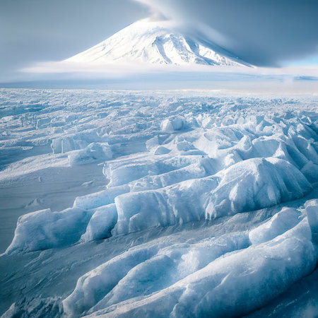 Winter Background with a Snow-covered Mountain and Icy Landscape Sculpted into Sharp Edges by the Fierce Windsの素材