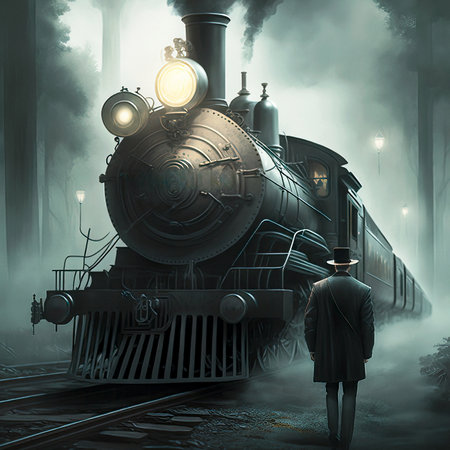 A Man Standing in front of a Steam Engine Train Surrounded by Mysterious Dense Fogの素材