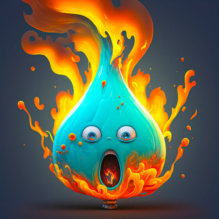 A Cartoon Water Drop with a Surprised Face and Fire Coming out of itの素材