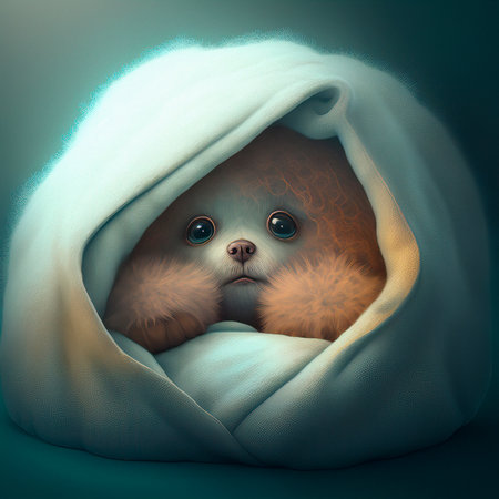 A Close-up of a Teddy Bear Wrapped in a Blanket with Dramatic Soft Lightingの素材