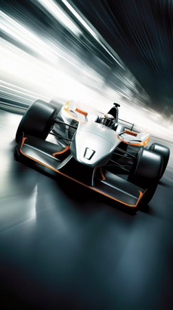 A White and Orange Open-wheel Race Car with a Sleek Design Speeding down a Street, creating Motion Blurの素材