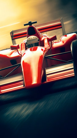 Front Close-up View of a Red Open Wheel Race Car Driving on a Track, with a Cinematic Detail and Stunning Sunset Glow in the Backgroundの素材