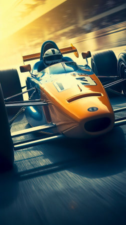 A Sleek Open-Wheel Yellow Racing Car Speeding down a Track at Sunsetの素材
