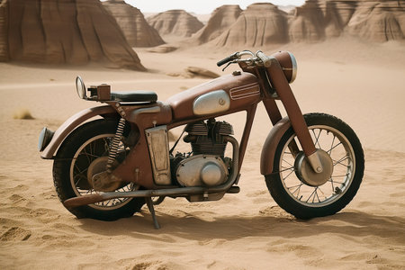 An Old Red Motorcycle amidst a Vast Desert Landscape with Towering Mountains in the Backgroundの素材