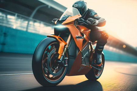A Man Rides a Sleek Orange Motorcycle on a Track at Sunsetの素材