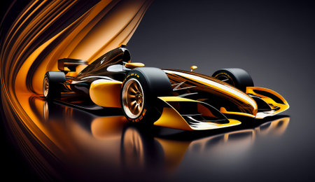 Powerful Orange and Black Race Car with Gold Streamlines standing on Reflective Blue Backgroundの素材