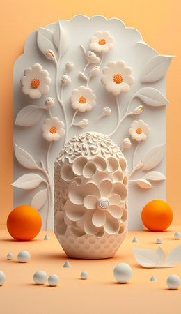 A White Vase with Intricate Details and Oranges on a Table against an Orange and White Background with Floral Decorationsの素材