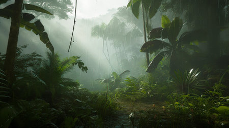 Rainy Jungle Path with Sunlight Peeking Throughの素材