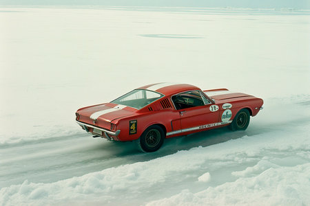 A High-Angle View of an Abandoned Red Race Car on a Snowy Fieldの素材