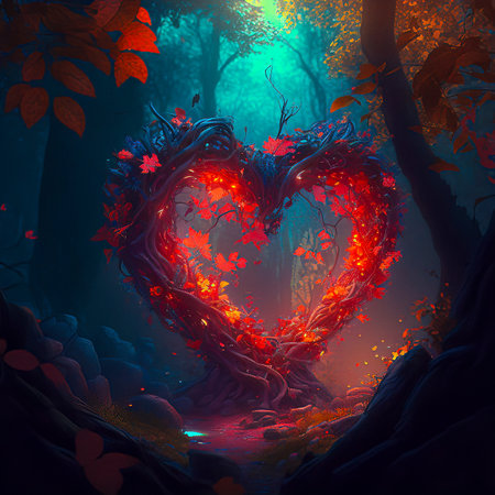 An Enchanting Heart-Shaped Tree with Glowing Red Leaves in the Forestの素材