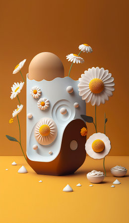 Vibrant Daisy Flowers and a Vase in a Bold Composition against an Orange Springtime Backgroundの素材