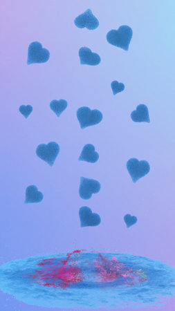 Rain of Blue Hearts Disintegrating into Small Particles against a Pink-Blue Background