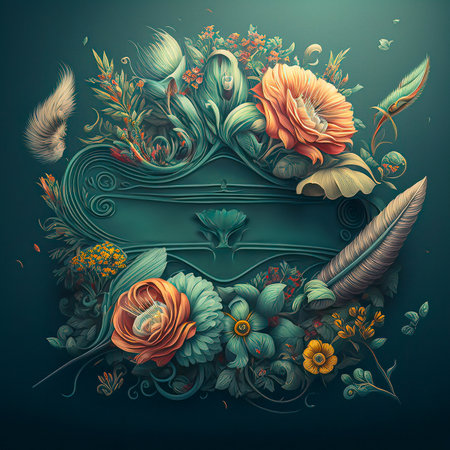 Enchanting Baroque Floral Frame with Orange Flowers on Teal Backgroundの素材