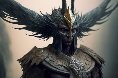 Dark Fantasy Art of a Horned Warrior with Wings and Red Eyesの素材